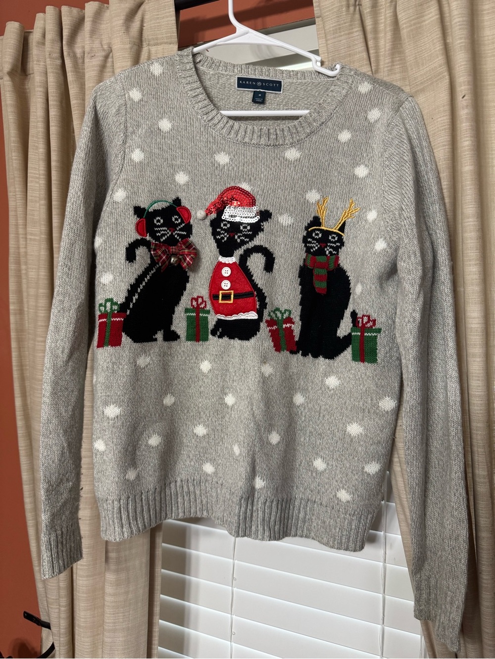 Karen Scott Gray Christmas Cat Crewneck Sweater with Red & Green Accents